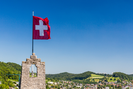BADEN, AARGAU, SWITZERLAND - JUNE 30, 2015: View from Ruin Stein to the city of Baden on June 30, 2015. Baden is a municipality in the Swiss canton of Aargau, located 25 km (16 mi) northwest of Zurich.のeditorial素材