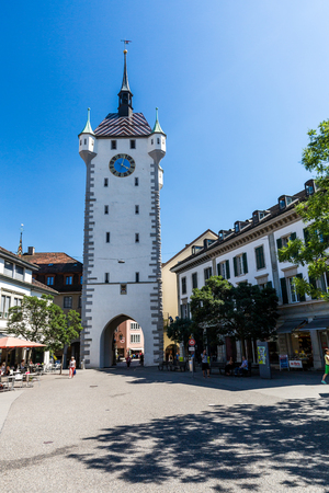 BADEN, AARGAU, SWITZERLAND - JUNE 30, 2015: Exterior views of the tower Stadtturm in Baden on June 30, 2015. Baden is a municipality in the Swiss canton of Aargau, located 25 km (16 mi) northwest of Zurich.のeditorial素材