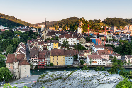 BADEN, AARGAU, SWITZERLAND - JULY 2, 2015: View from Mountain Lagern to the city of Baden and river...