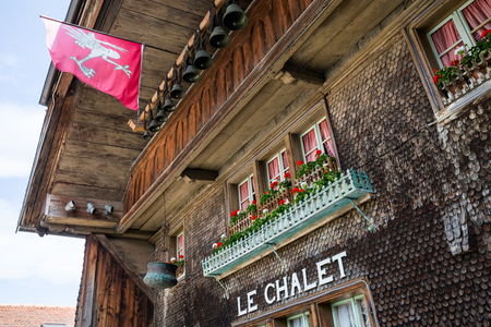 GRUYERES, SWITZERLAND - MAY 23, 2015: View of the historical town Gruyeres in the canton of Fribourg, Switzerland on May 23, 2015. Gruyere is a famous tourist destination and also know for its cheese.のeditorial素材