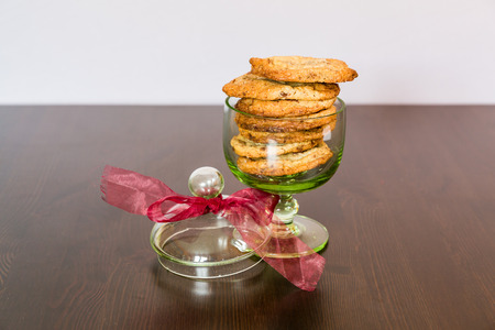Detail view of swiss chocolate chips cookies arranged on a table