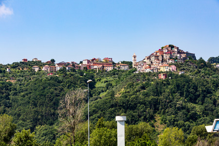 VEZZANO LIGURE, ITALY - JULY 9, 2016: View of the village Vezzano Ligure from the motorway E80 in Santo Stefano di Magra near La Spezia on July 9, 2016. Its a comune in the Province of La Spezia.のeditorial素材