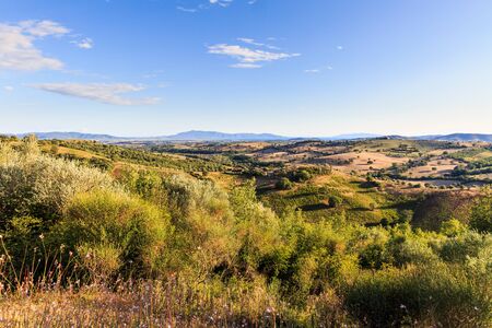 Overlook of tuscan fields and hills and Monte Argentario in Italy