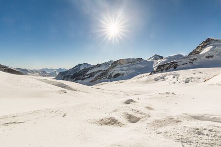 View to the Great Aletsch Glacier (Grosser Aletschgletscher) in January 2017の写真素材