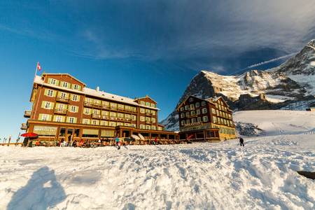 KLEINE SCHEIDEGG, SWITZERLAND - JANUARY 6, 2017: View of the Bellevue des Alpes Hotel on January 6, 2017. This resort is in the alps of canton Bern and famous for ski racing Lauberhornrennen.のeditorial素材