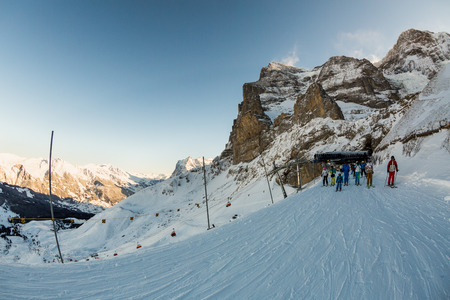 KLEINE SCHEIDEGG, SWITZERLAND - JANUARY 6, 2017: View of the ski resort Jungfrau Wengen on January 6, 2017. This resort is in the alps of canton Bern and famous for ski racing Lauberhornrennen.のeditorial素材