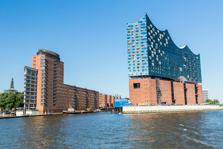 HAMBURG, GERMANY - JUNE 4, 2016: The Elbphilharmonie building in the port of Hamburg on June 4, 2016. It is Germanys largest port and is named the countrys Gateway to the World.のeditorial素材