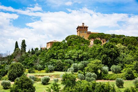 PIENZA, ITATLY - JULY 16, 2016: View of the Palazzo Massaini in Pienza in the tuscan region of Siena on July 16, 2016. Tuscany region provides beautiful landscape views and is very popular by tourist.のeditorial素材