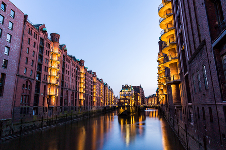 HAMBURG, GERMANY - JUNE 6, 2016: Typical view of the Speicherstadt, also called Hafen City,  in Hamburg on June 6, 2016. Its a popular harbour quarter for tourists in Hamburg.のeditorial素材