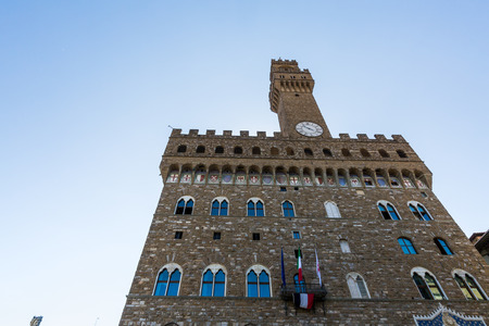 FLORENCE, ITALY - JULY 17, 2016: Exterior view of the Palazzo Vecchio at the Piazza della Signoria in Florence on July 17, 2016. It was originally called the Palazzo della Signoria.のeditorial素材