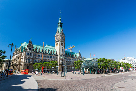 HAMBURG, GERMANY - JUNE 5, 2016: Exterior view of the town hall of Hamburg on June 5, 2016. The town hall (German The Hamburg Rathaus) was built 1897 and is the seat of the government of Hamburg.のeditorial素材