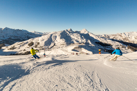 KLEINE SCHEIDEGG, SWITZERLAND - JANUARY 6, 2017: View of the ski resort Jungfrau Wengen on January 6, 2017. This resort is in the alps of canton Bern and famous for ski racing Lauberhornrennen.のeditorial素材