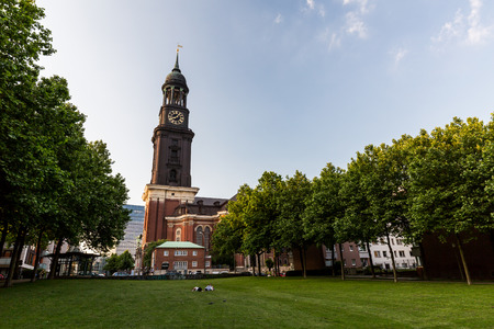 HAMBURG, GERMANY - JUNE 6, 2016: Exterior view of the baroque St. Michaelis church in Hamburg on June 6, 2016. Its one of the five Lutheran main churches in the city of Hamburg.のeditorial素材