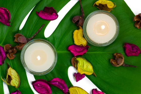 Fresh colorful composition of two burning candles, fragrant potpourri on monstera leafの写真素材
