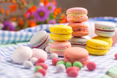 Sweet still life with macaroon cookies and marshmallowの写真素材