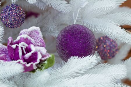 Christmas and New Year seasonal decoration on white fir tree with purple balls and flower ornamentの写真素材