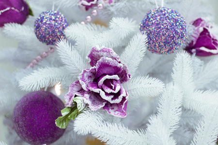Christmas and New Year seasonal decoration on white fir tree with purple balls and flower ornamentの写真素材