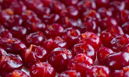 Background pattern of fresh mellow cherry berries prepared for cooking and sun drying for conservationの写真素材