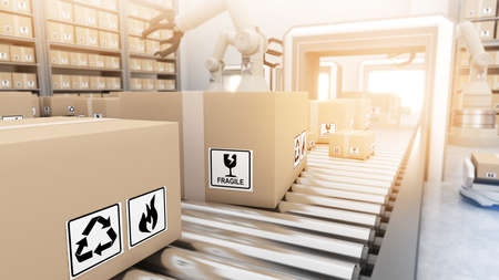 Using a robotic arm to manage goods,automation in product management,robotic transportation and cargo handling,3d renderingの写真素材