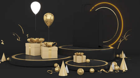 Black pedestal on a black background with gift box and neon light,gold material,mock up podium for product presentation
Paper bags for branding or product images,3D renderingの写真素材