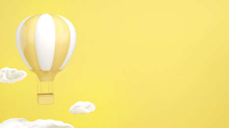 Image of a balloon with yellow and white stripes floating in the sky and white clouds on a yellow background,Balloons represent bright thoughts.,3D renderingの写真素材