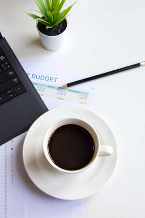 Office Desk Table,Worktable top view,working table with a cup of black coffee
