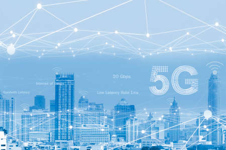 Technology 5G Communication in the future,5G internet concept,future in communication technology show its location Data connection and cloud internet systemの写真素材