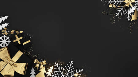 Golden gift box festival celebration,golden christmas gift box on a black background,3D renderの写真素材