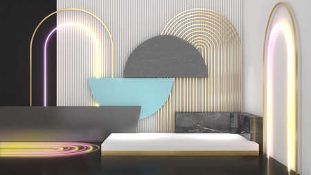 white rectangular stand On the white back flap, gold frame, neon light,mock up podium for product presentation,3D renderの写真素材