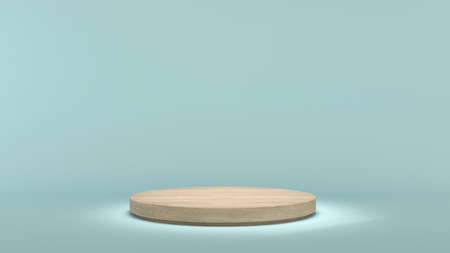 wooden circle stand on a light blue background,mock up podium for product presentation,3D renderの写真素材