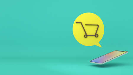 Using mobile for online shopping, mobile image and online shopping icon on green background.