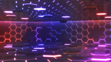 Abstract photo background future technology hexagon pattern,neon light hexagon stage,3d illustration,3d renderingの写真素材