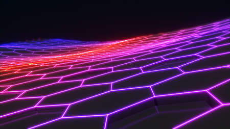 Abstract photo background future technology hexagon pattern,neon light hexagon stage,3d illustration,3d renderingの写真素材