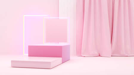 Pink square stand with pink curtains,mock up podium for product presentation,3d renderingの写真素材