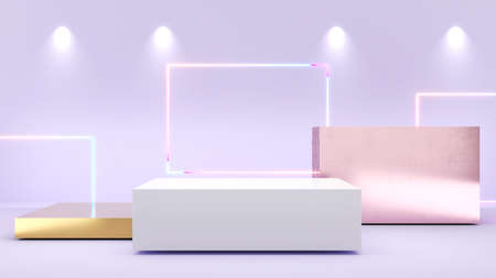 White rectangular stand On the purple back,neon light,mock up podium for product presentation,3D renderingの写真素材