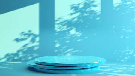 Circle stand on a blue background hit natural light,mock up podium,3d renderingの写真素材