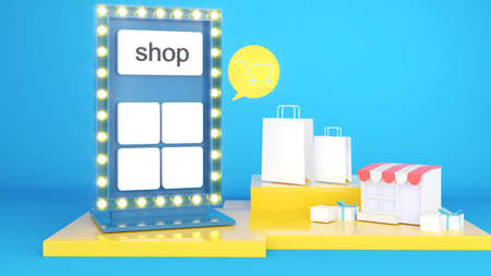 Shop online ordering and promotions,Store signs showing products and prices,mock up podium for presentation,3D renderingの写真素材