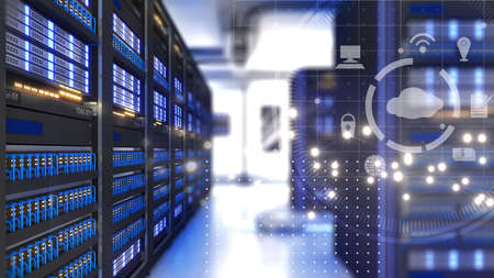 Shot of Data Center With Multiple Rows of Fully Operational Server Racks. Modern Telecommunications,...