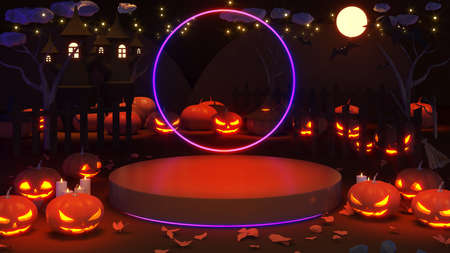 Halloween festival background image,Mock up podium for product presentation,Halloween Holidays and Pumpkin Devils,3d renderingの写真素材