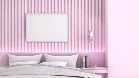 Mockup frame on pink wall with bed ,modern style,Poster Mockup ,3D renderingの写真素材
