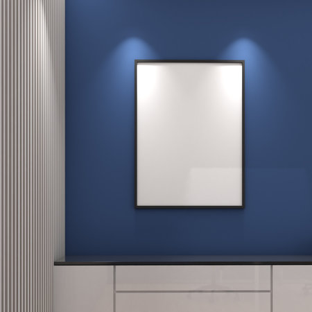 Mock up frame on blue wall with low cabinet ,modern style,Mockup poster or picture,3d rendering,3d...