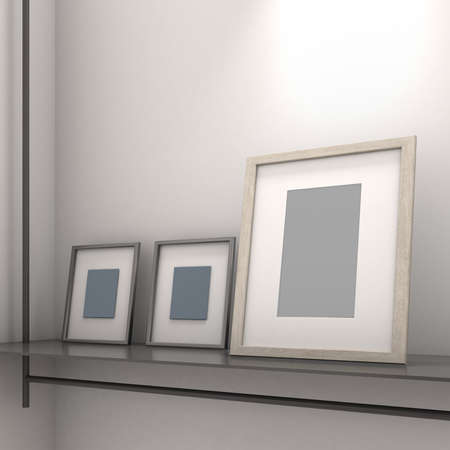 Mockup frame on white wall with shelf ,Modern style,Poster Mockup ,3D rendering
