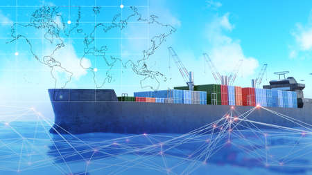 Ocean ships transport goods in containers.Intercontinental shipping by ocean liners,3d renderingの写真素材