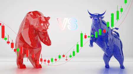 The battle of a bear market or a bull market,business finance and investment,bear and bull on white background,3d renderingの写真素材
