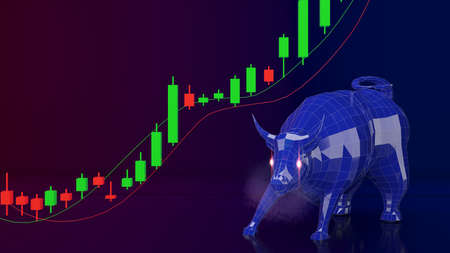 Bull and stock chart on black background,business finance and investment,3d renderingの写真素材