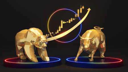 Golden bear coupled with golden bull on the black pedestal Phinee online.investment and business,3d renderingの写真素材