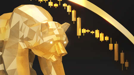 Golden bear and bearish chart,Profitability in a Bear Market,Investment and business world,3d renderingの写真素材