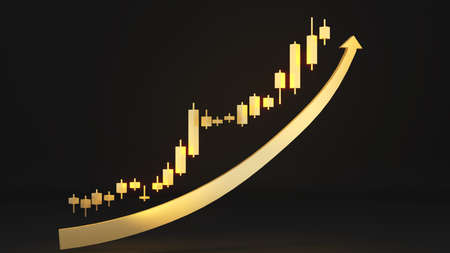 Rising stock prices and financial business and stock market.bullish gold chart,3d renderingの写真素材