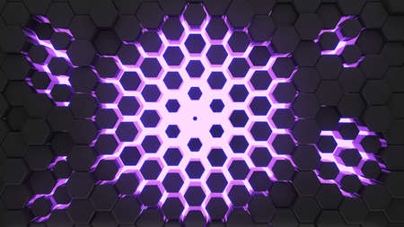 Abstract black hexagon shape background with purple light ,3d rendering