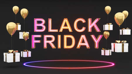 Black Friday on a black background and a golden gift box celebration of the festival,colorful neon circle,Sale banners,clearance and discount3d renderingの写真素材